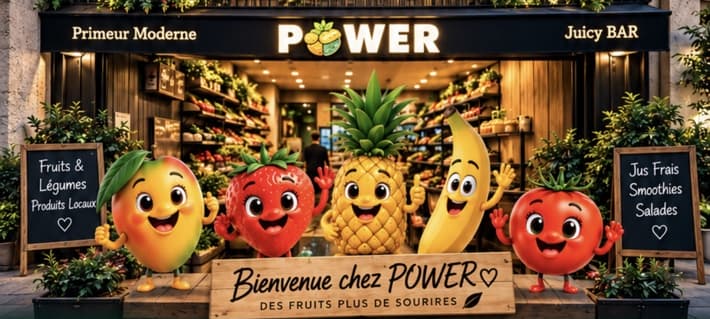La devanture POWER validée, avec les personnages mangue, fraise, ananas, banane et tomate devant le panneau Bienvenue chez POWER